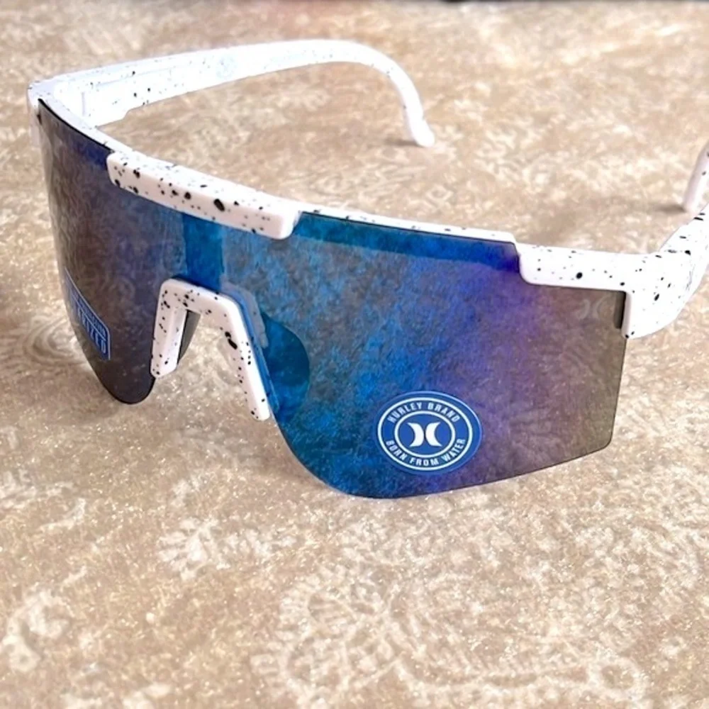 Brand New Hurley Polarized Sunglasses White Semi-Rim Wrap Shield Blue Mirrored